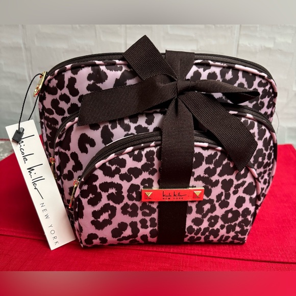 Nicole Miller Handbags - Nicole Miller Pink/Brown Leopard Print 3piece Cosmetic Bag Set